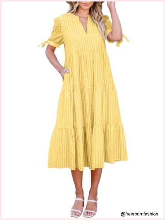 Dresses & Skirts - V Neck Short Sleeve Gingham Midi Pleated Tiered Loose Fit Summer Dress